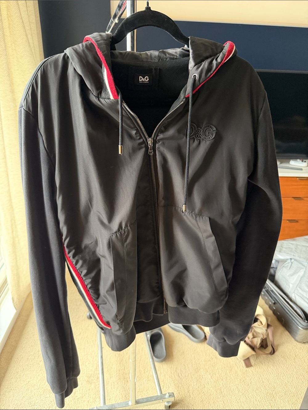Dolce & Gabbana Black Hooded Bomber with Red Piping